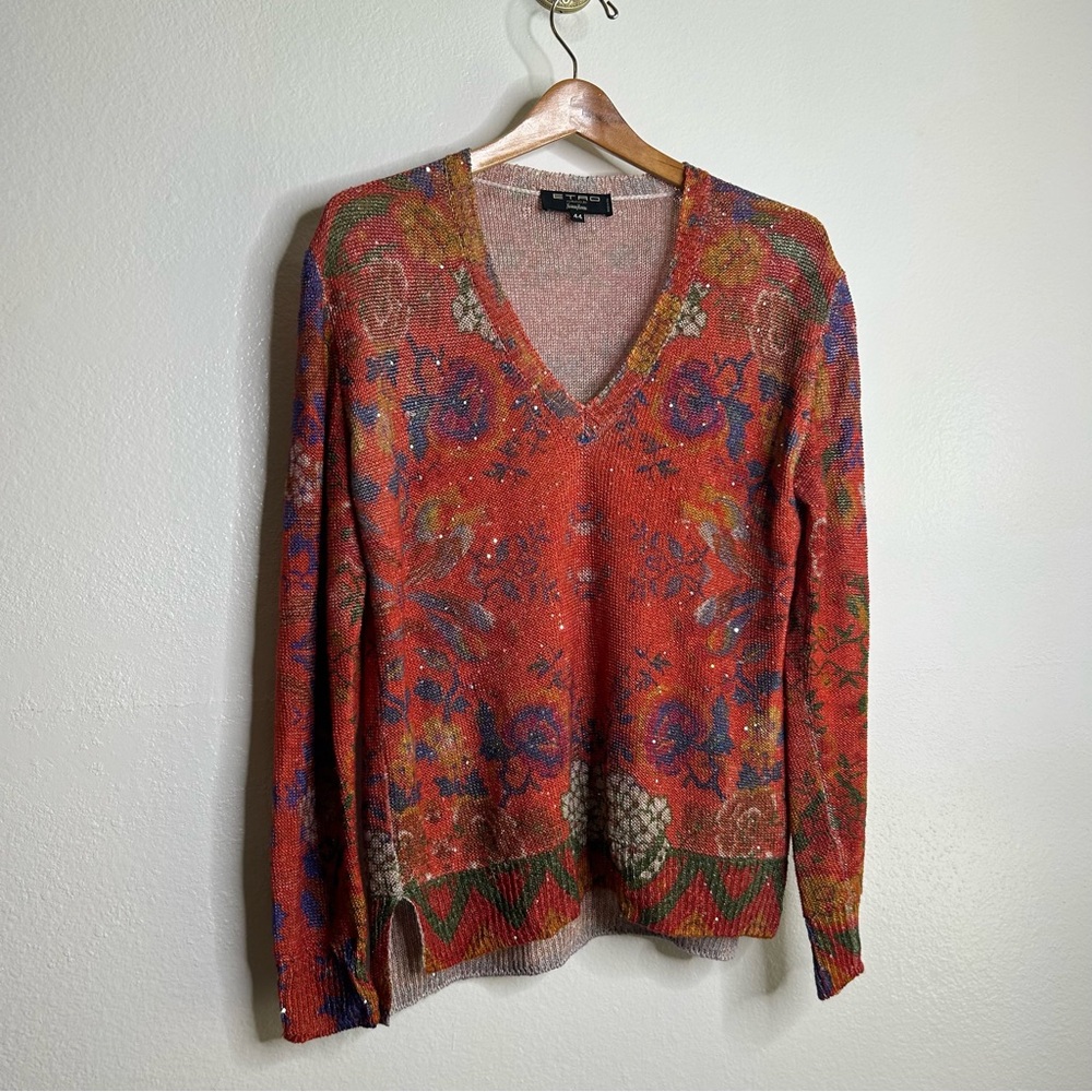Etro 100% Linen Red Multicolor Floral Paisley Knit Pullover Sweater 44/ M - Picture 2 of 16